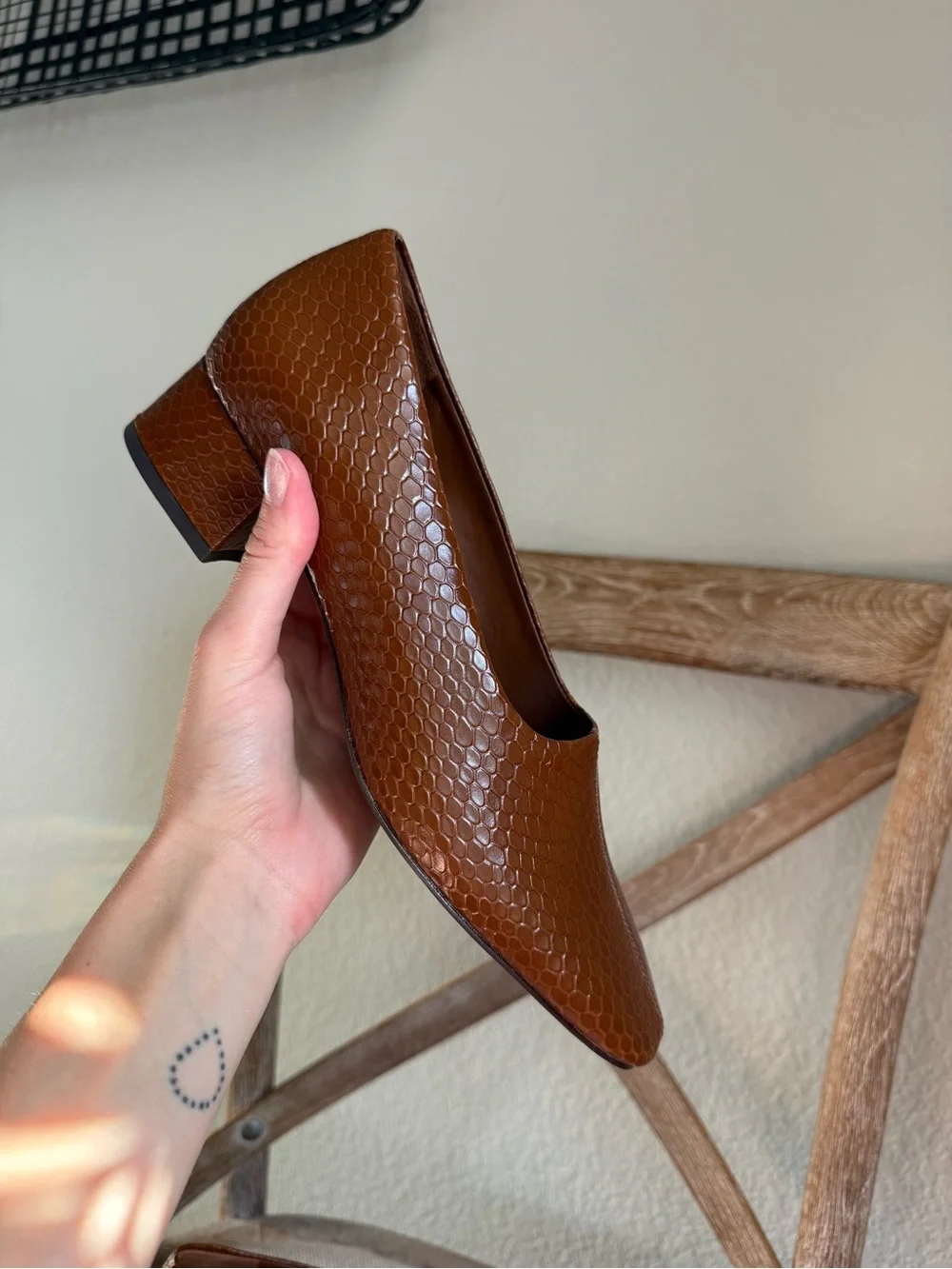 Reformation Inez Square-Toe Pumps cognac snake